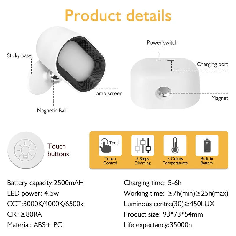 White remote touch magnetic wall lamp with oval light showing 360-degree rotation and magnetic mount