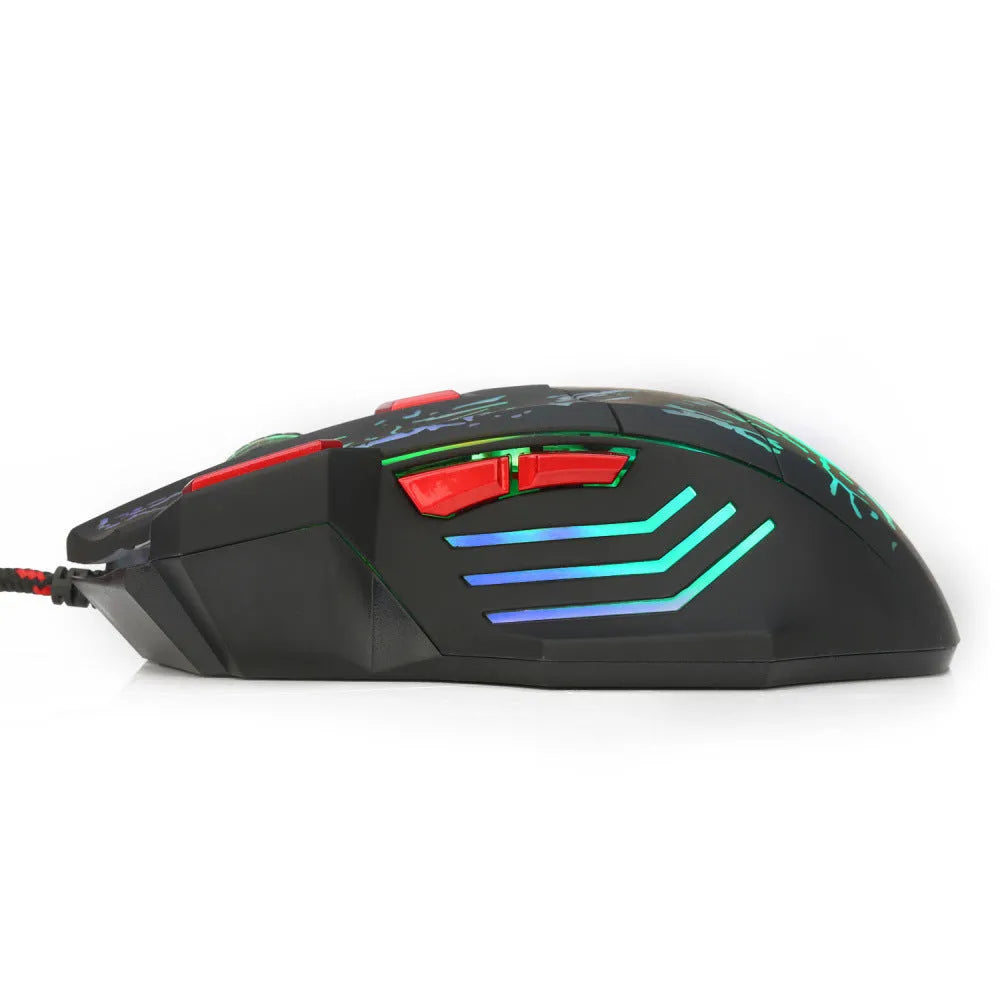 Water Crack colourful luminous wired gaming mouse with USB cable on desktop