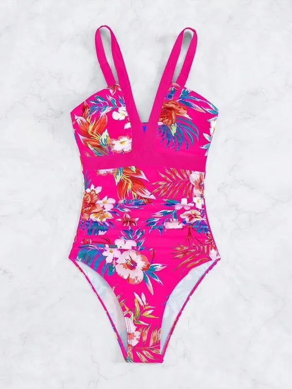 Backless floral one-piece swimsuit for women in a high-stretch polyester-spandex fabric.