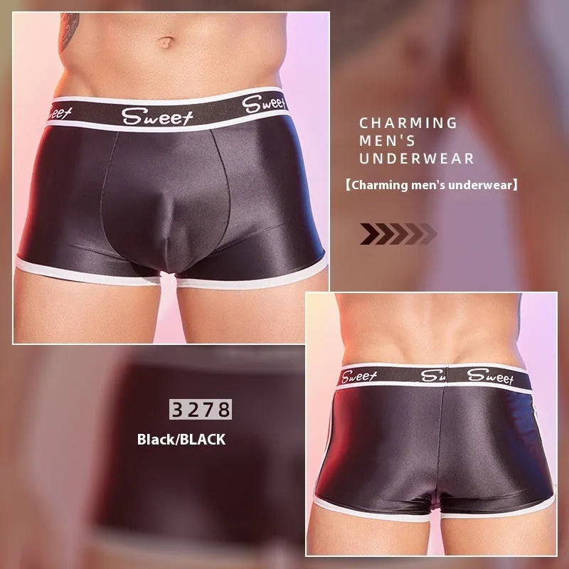 Men's shiny silky nylon boxers in black, white, and sapphire blue colours, free size.