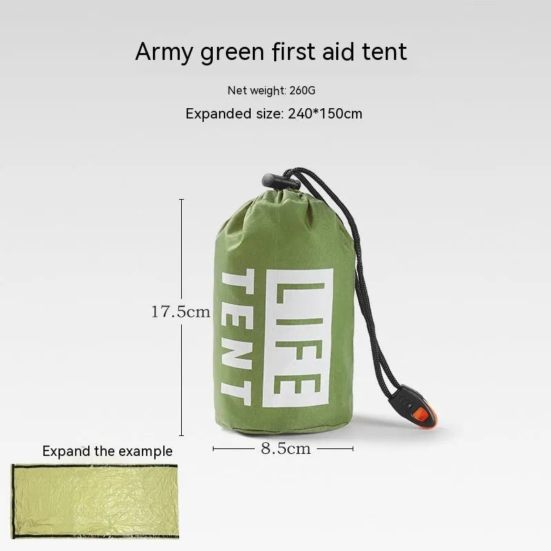 Orange portable disaster relief tent and sleeping bag kit set up outdoors.