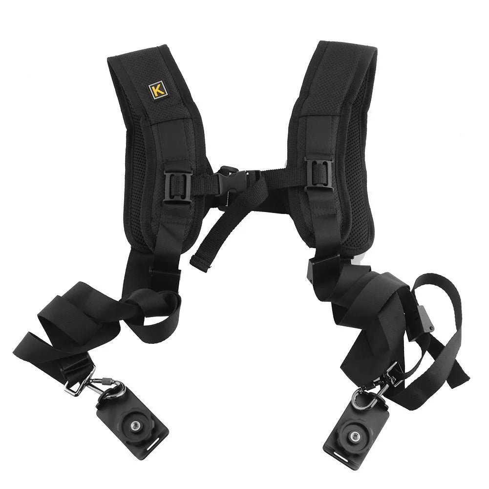 Black professional dual shoulder strap for SLR cameras with thick sponge padding