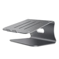 Aluminium laptop cooling bracket with rotating silver base on desk