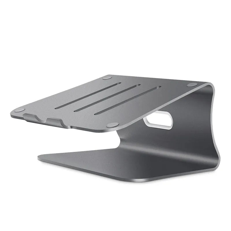 Aluminium laptop cooling bracket with rotating silver base on desk