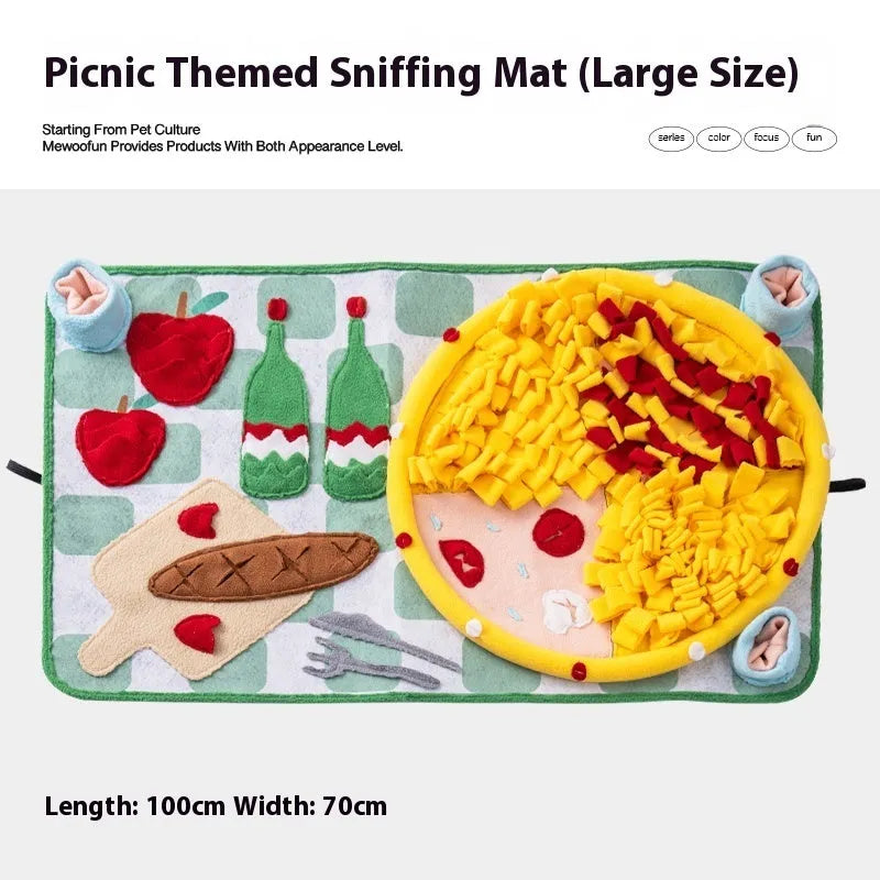 Themed dog sniffing mat with food hiding design for canine enrichment activities