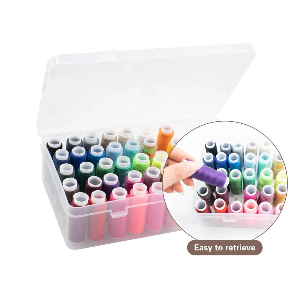 Transparent plastic storage box with 42 small compartments for organising embroidery thread.