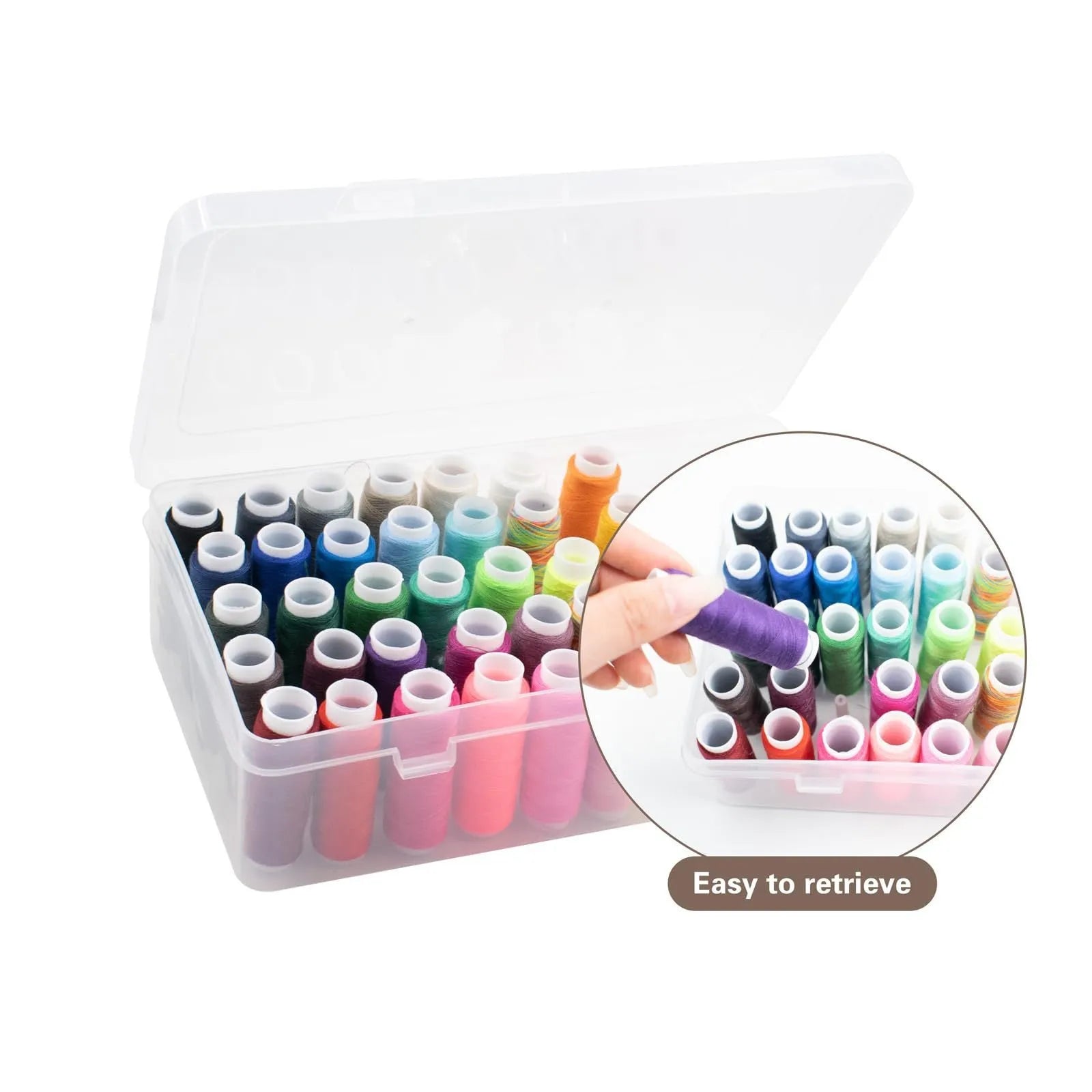 Transparent plastic storage box with 42 small compartments for organising embroidery thread.