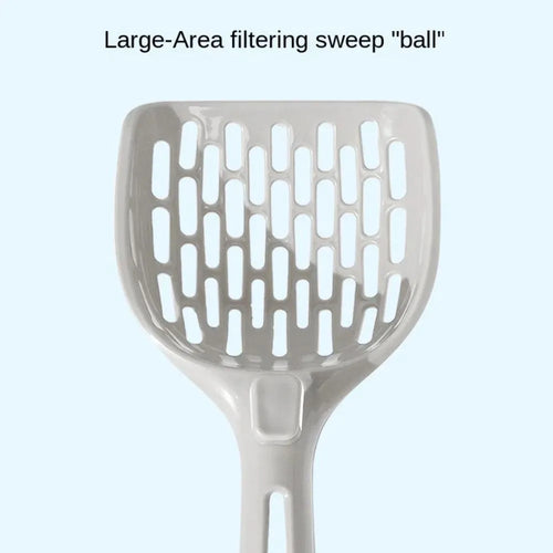 Grey plastic cat litter scoop with an attached stand or base.