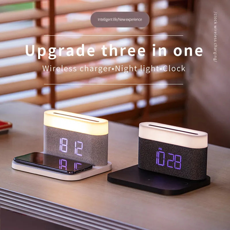Wireless charger desktop clock night light table lamp in modern design with ABS construction and glass liner