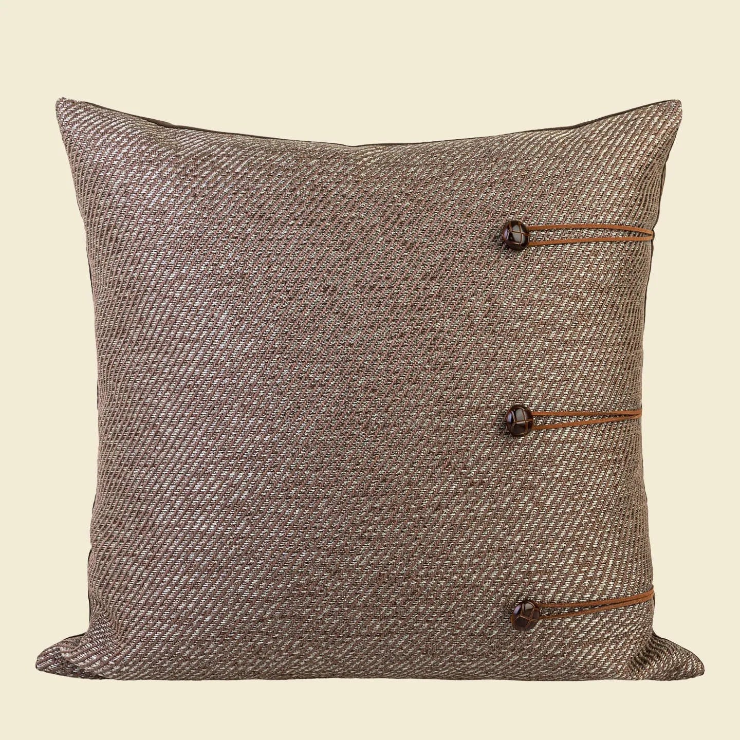 Chinese style square cushion pillow in geometric pattern, 45cm size, on a sofa.
