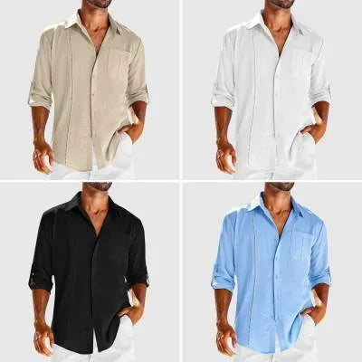 Men's grey long sleeve casual shirt with a polo collar and a white lace detail on the chest pocket.