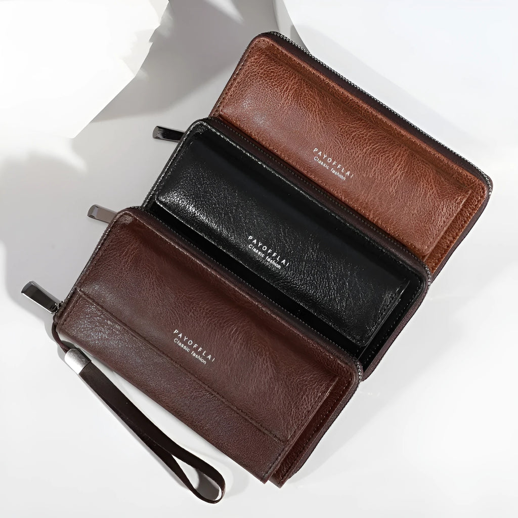 Long men's bifold wallet in PU leather showing multiple card slots and compartments.