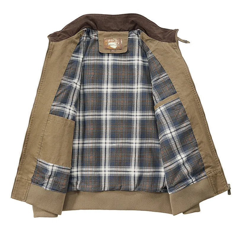 Men's washed cotton baseball flight jacket in beige, shown on a hanger.