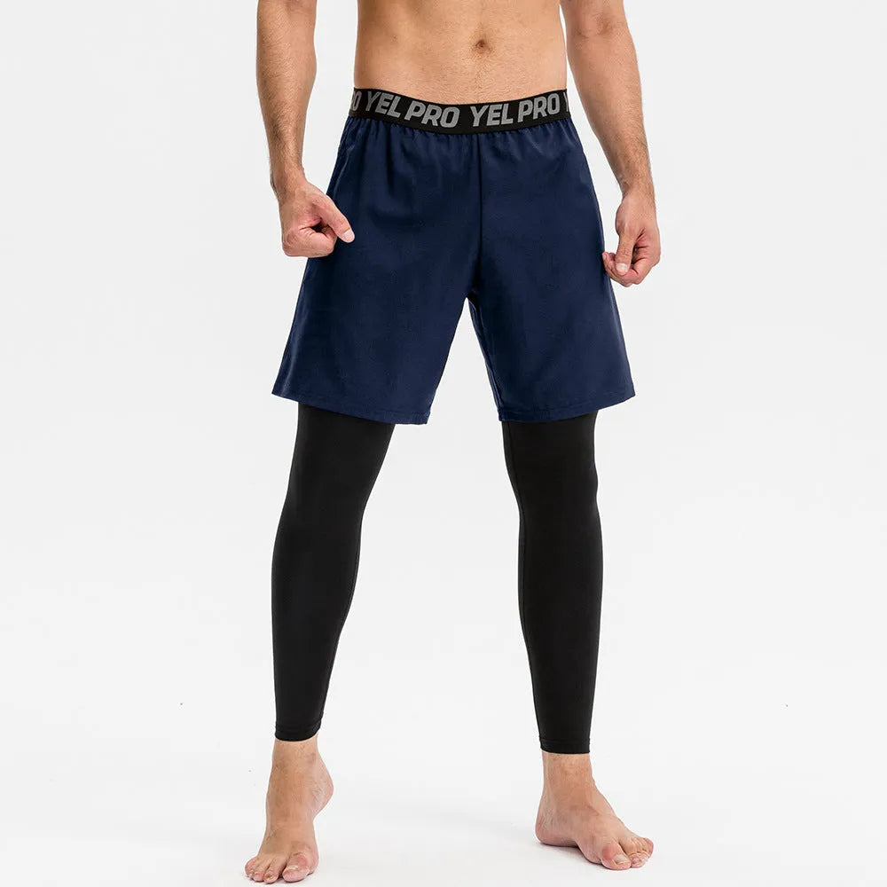 Man wearing grey elastic quick-drying sports trousers for fitness exercise.