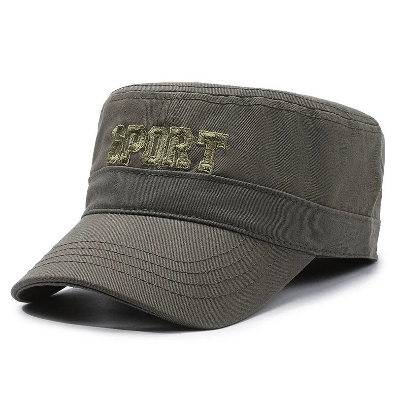 Men's adjustable cotton flat-top peaked cap in multiple colours showing dome crown and peak design