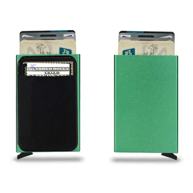 Slim aluminium metal credit card holder wallet with frosted finish shown in multiple colour options.