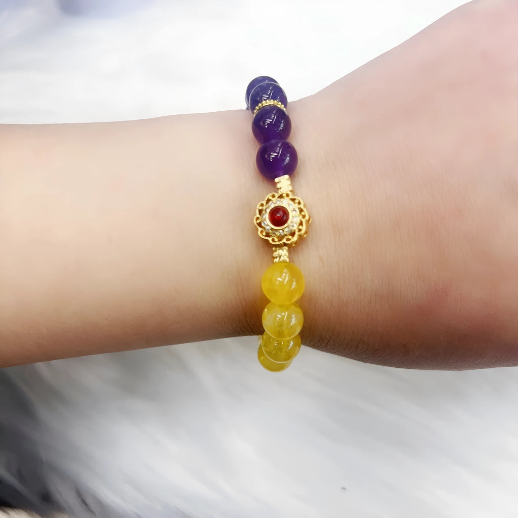 Handmade women's crystal bracelet with yellow and purple amethyst stones