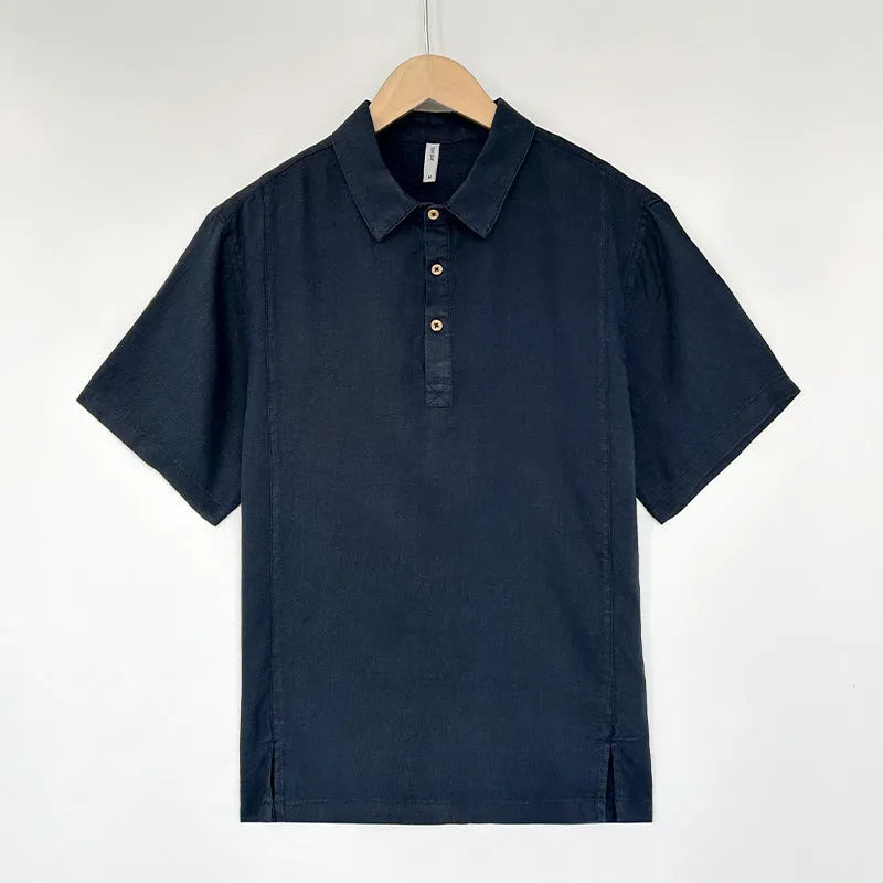 Men's loose-fit linen summer top with thin lapels and short sleeves in gray green colour