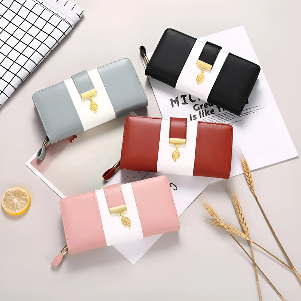 Anti-theft large capacity PU leather handbag wallet with lock, shown in multiple colours including black, pink, and khaki.