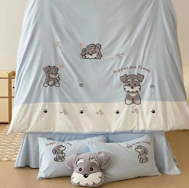 Cute Schnauzer dog cartoon design thickened cotton bedding set with quilt cover, sheet, and pillowcases