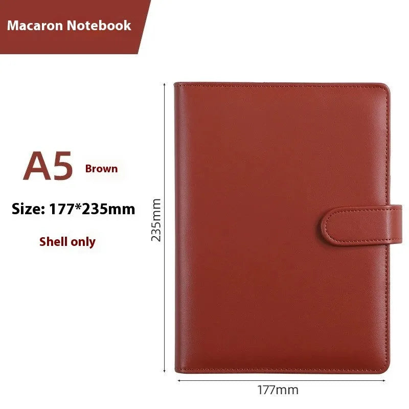 A5 PU leather zippered notebook shell in multiple solid colours including pink, blue, and black.