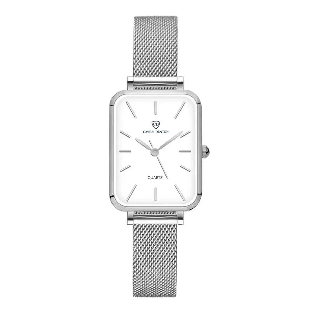 Women's rose gold waterproof quartz watch with woven steel strap and 34mm alloy case