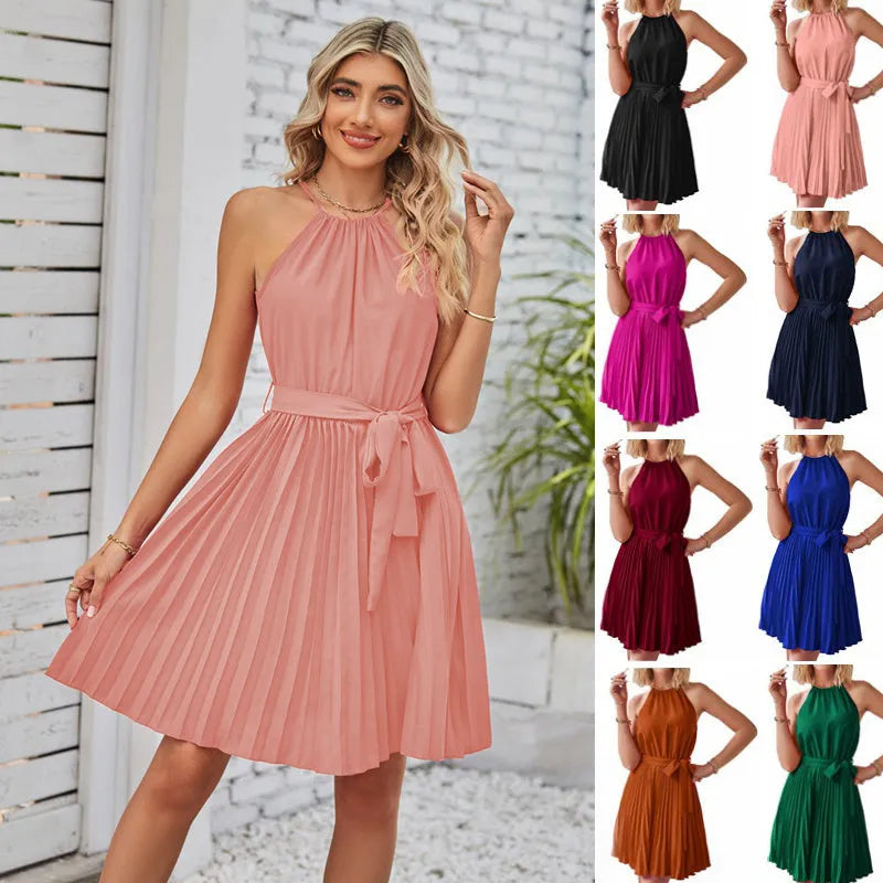 Women's black halter neck strapless dress with pleated midi skirt and waist belt