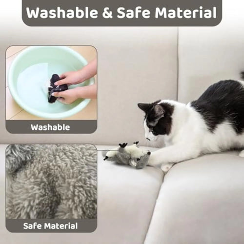 Grey flapping squirrel cat toy with waving wings showing touch-activated motion for interactive feline play