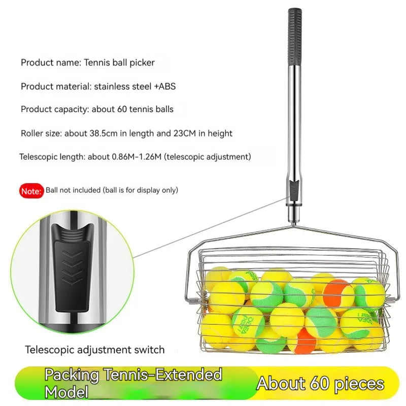 Stainless steel tennis ball picker with adjustable handle and roller mechanism for collecting balls