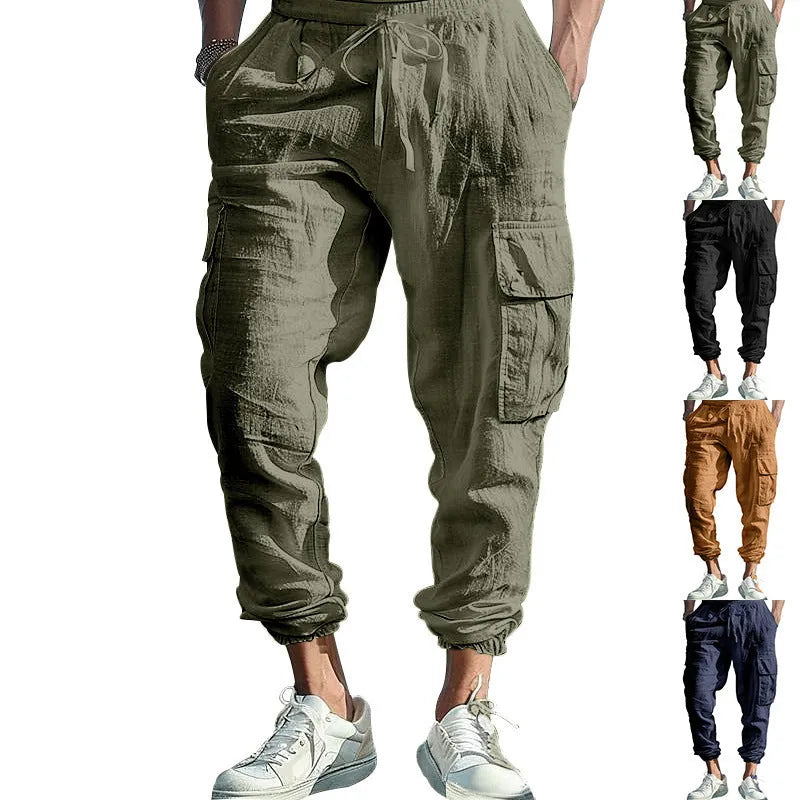 Men's linen casual trousers with drawstring waist and ankle-tied cuffs in solid colours