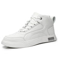 Men's white and black mid-top lace-up casual shoes with a round toe and rubber sole.