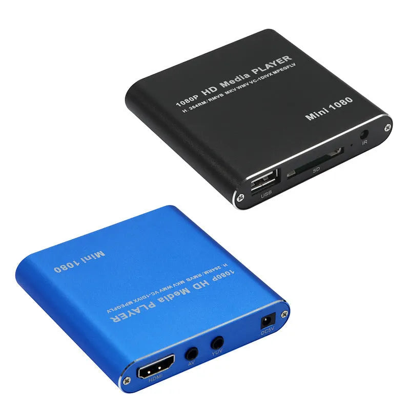Compact black or blue 1080P HDMI media player with USB and SD card ports.
