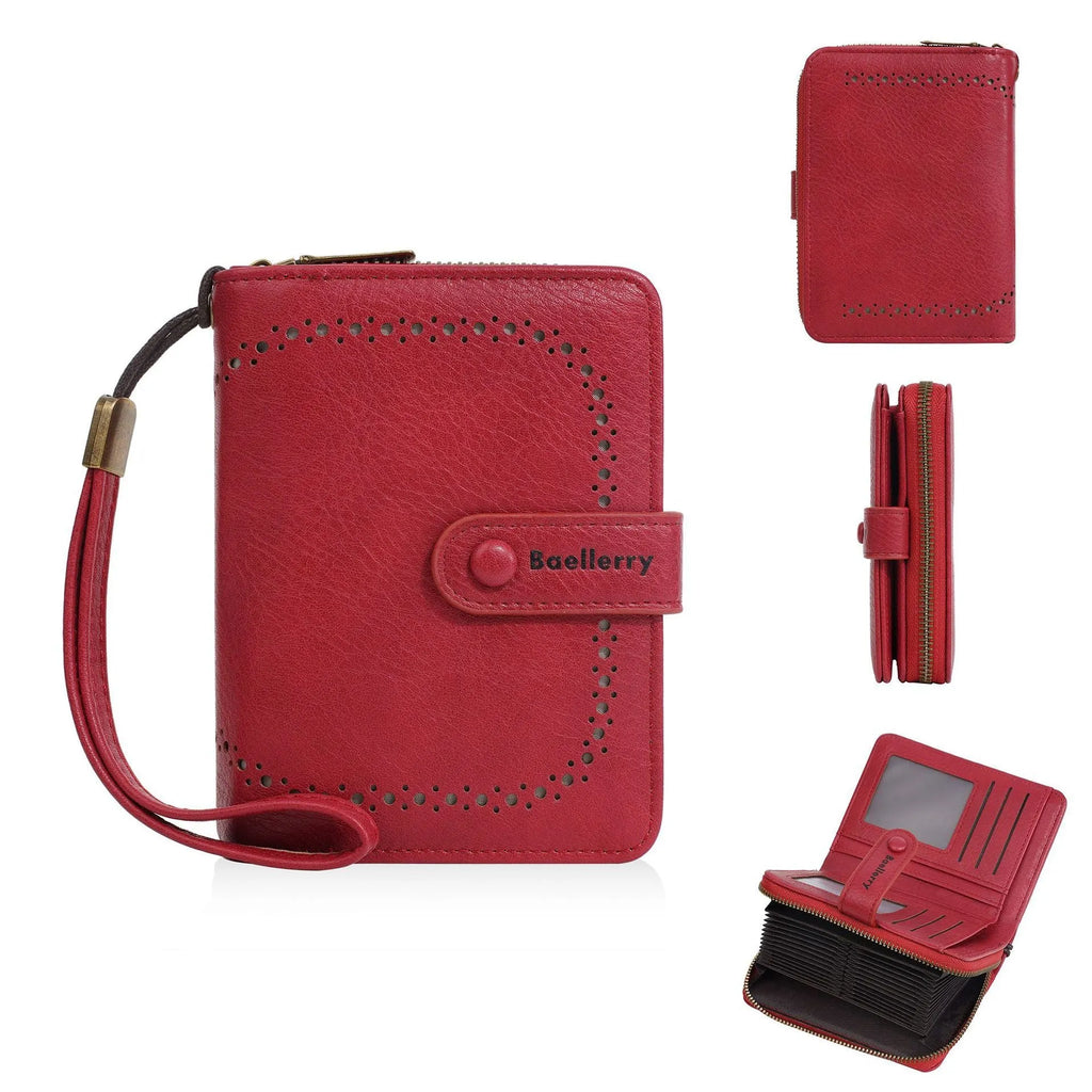 Women's black PU leather coin purse with zipper closure showing integrated wallet and card holder functions