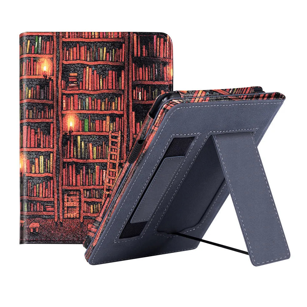 Kindle Paperwhite 5 leather case showing hand strap bracket and magnetic closure in a choice of colours and designs.