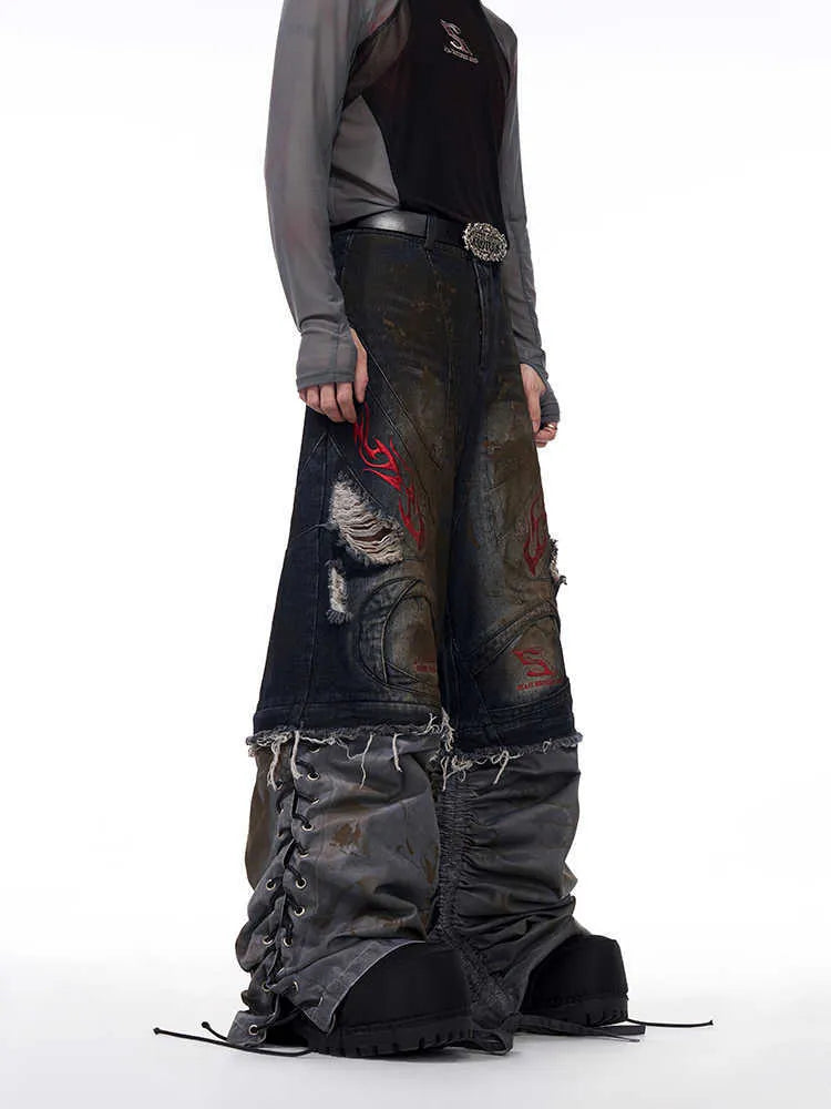 Men's wide leg denim jeans with detachable trouser legs in retro style