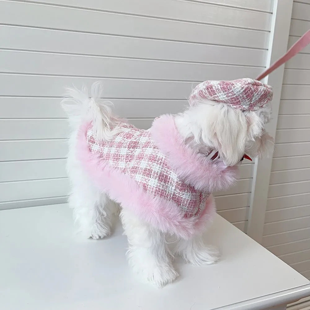 Pink polyester cat cloak with attached rope and matching beret for winter wear.