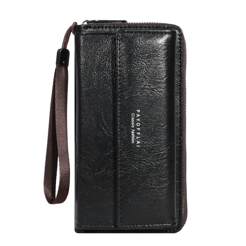 Long men's bifold wallet in PU leather showing multiple card slots and compartments.