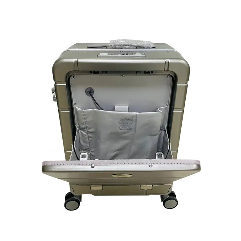 20 inch front opening suitcase with dry wet separation, ABS PC hardshell, cup holder and universal wheels in black