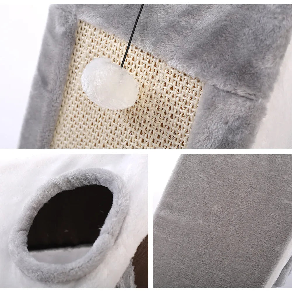 Grey and white triangle-shaped cat scratching post with an integrated fleece fabric bed.
