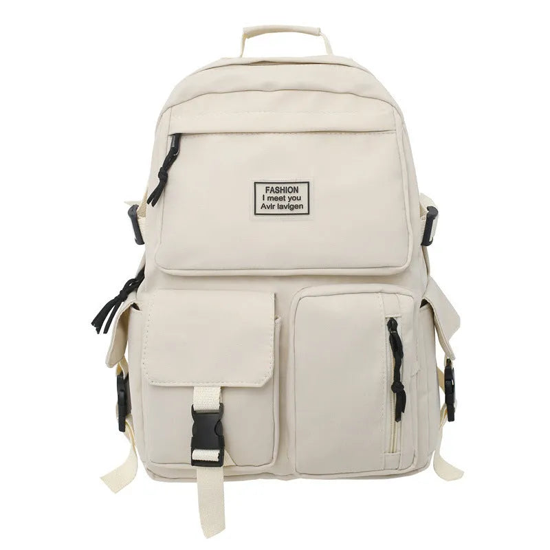 Black and white nylon student backpack with laptop compartment and three-dimensional pockets