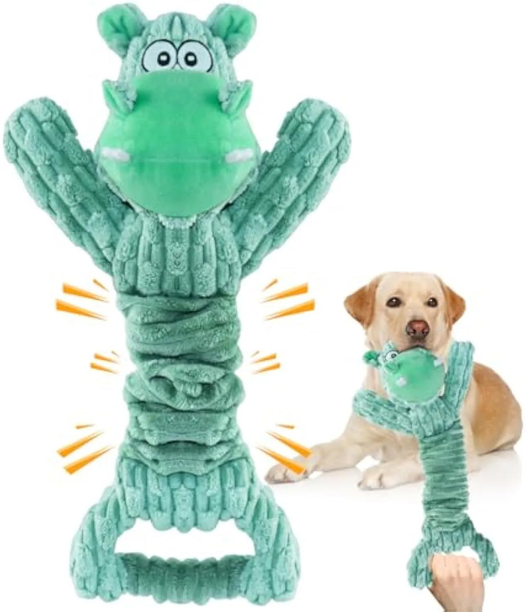 Large plush squeaky dog toy with handle, shown in Hippo and Monkey designs, for indoor tug-of-war play.
