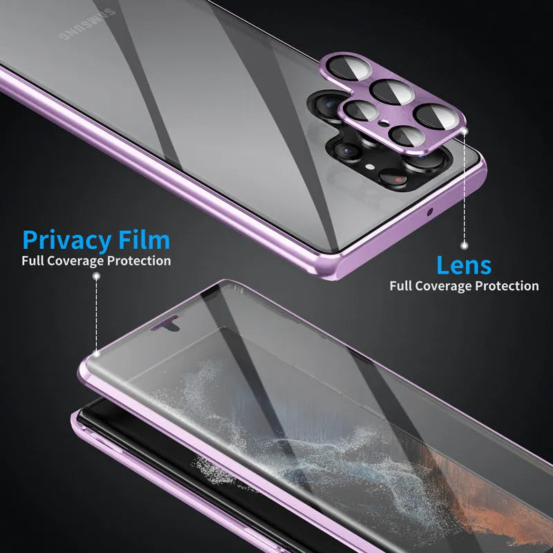 Black metal magnetic phone case with mirror for Samsung Galaxy S24 Ultra on a table.