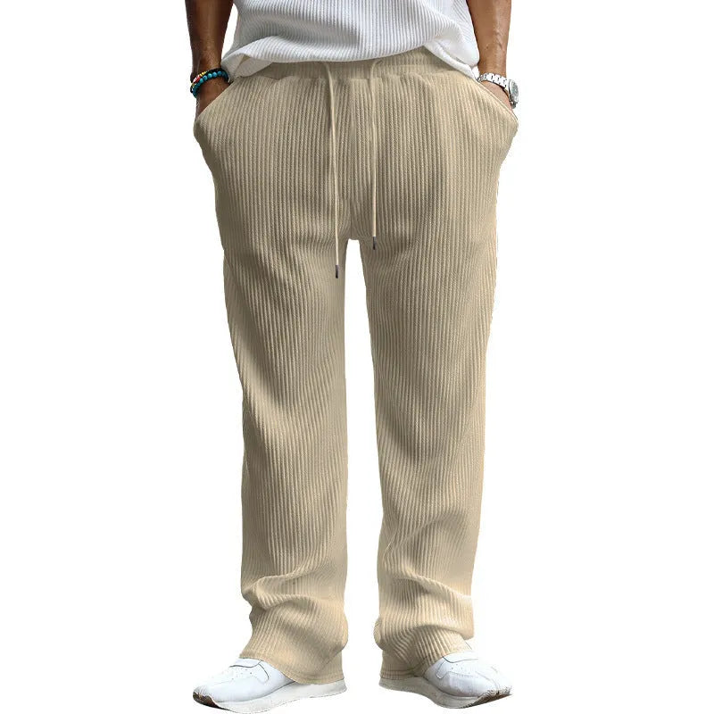 Men's loose straight-leg casual trousers in high-waist design with micro-elastic polyester fabric