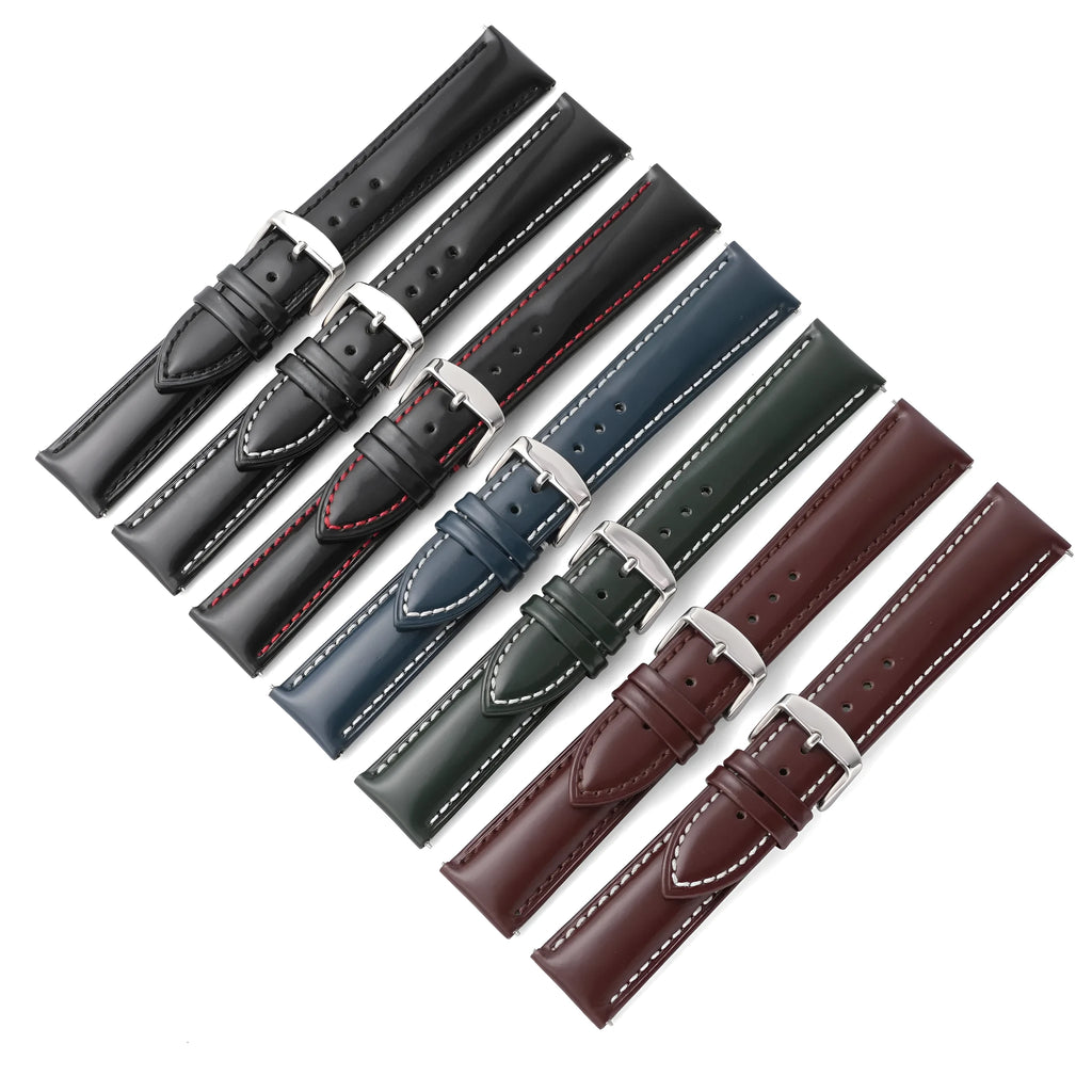 Quick release leather watch strap in bright cowhide, shown in various colours and widths on a watch