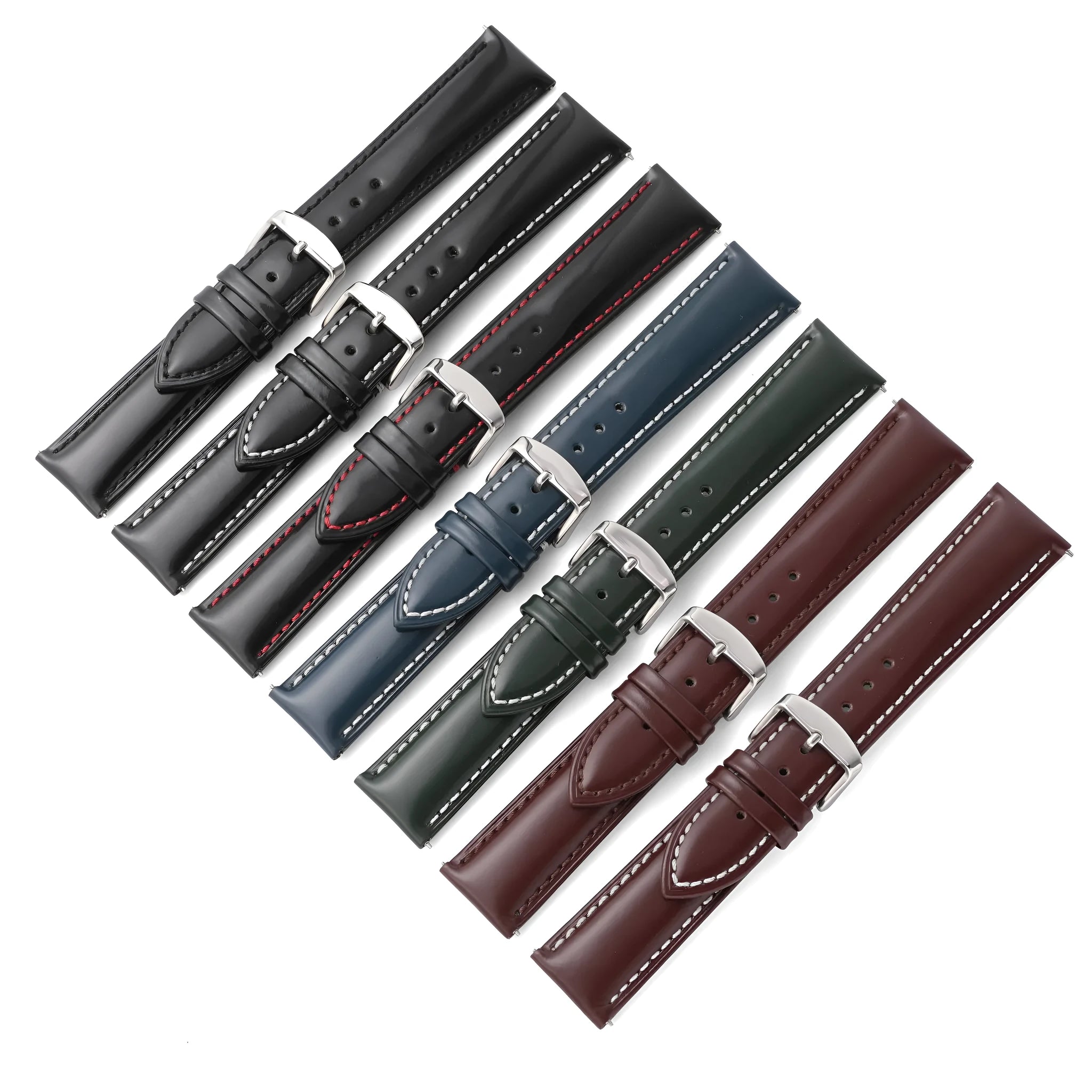 Quick release leather watch strap in bright cowhide, shown in various colours and widths on a watch
