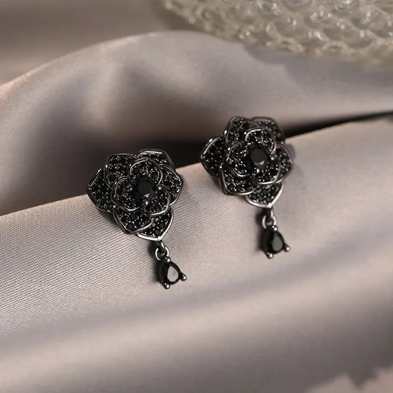 Black rose floral stud earrings with zircon accents on 18K electroplated copper