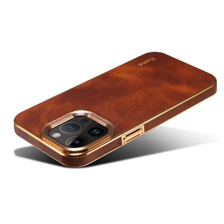 Handmade leather iPhone case in vintage oil wax leather showing slim profile and protective design