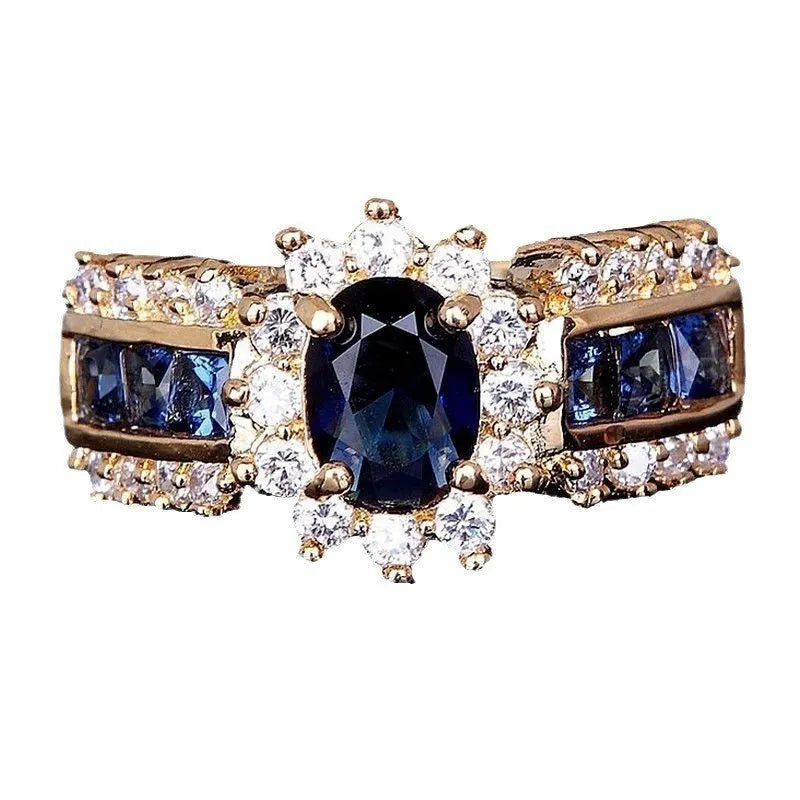 Personalised zinc alloy ring with diamond treatment in sunflower blue or square purple and blue zircon designs.
