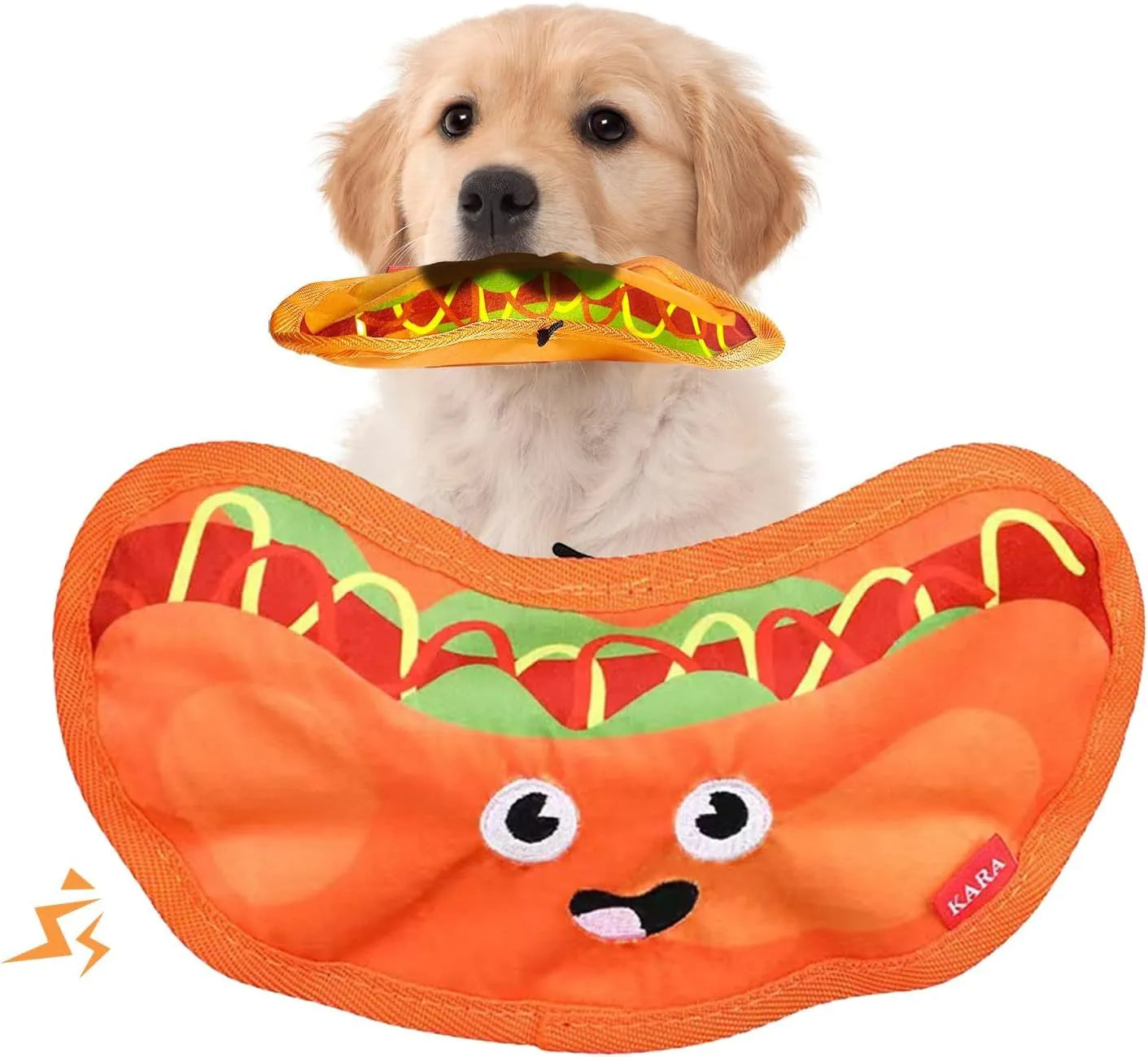 Set of four food-shaped dog toys: hamburger, fries, hot dog, and pizza, with vivid colours.