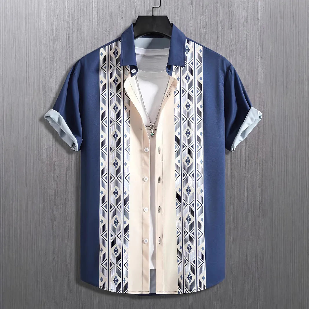 Man wearing a loose-fit contrast plaid short sleeve shirt in cardigan style.